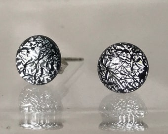 Little Silver Grey Round Dichroic Glass Stud Earrings with Sterling Silver 925 or Hypoallergenic Surgical Steel Ear Fittings