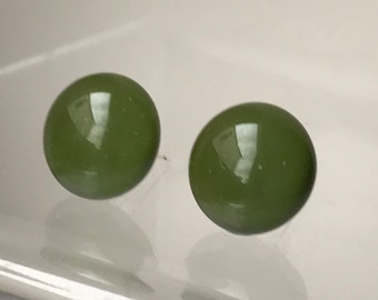 Khaki Green Fused Glass Round Stud Earrings with Sterling Silver 925 or Surgical Steel Fittings