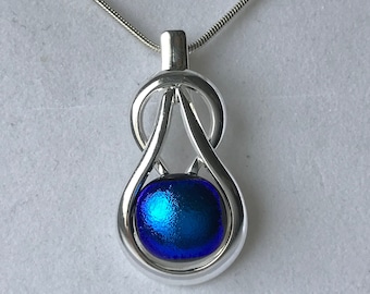 Electric Blue Dichroic Glass Celtic Knot Pendant with Chain