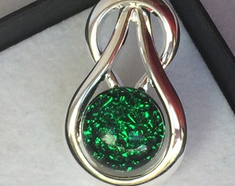 Emerald Dichroic Glass Celtic Knot Pendant with Chain and Box