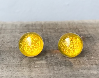Sunny Yellow Mermaid Tears Dichroic Glass Sparkling Golden Yellow Fused Glass Stud Earrings