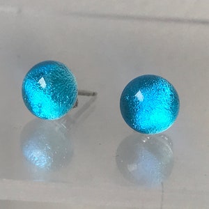 Little Turquoise Blue Round Dichroic Glass Stud Earrings with Sterling Silver 925  or Hypoallergenic Surgical Steel Ear Fittings and Box
