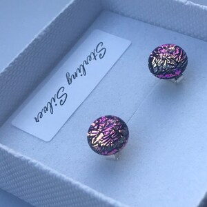 Little Orchid Pink Purple Round Dichroic Glass Stud Earrings with Sterling Silver 925 or Hypoallergenic Surgical Steel Ear Fittings and Box image 5