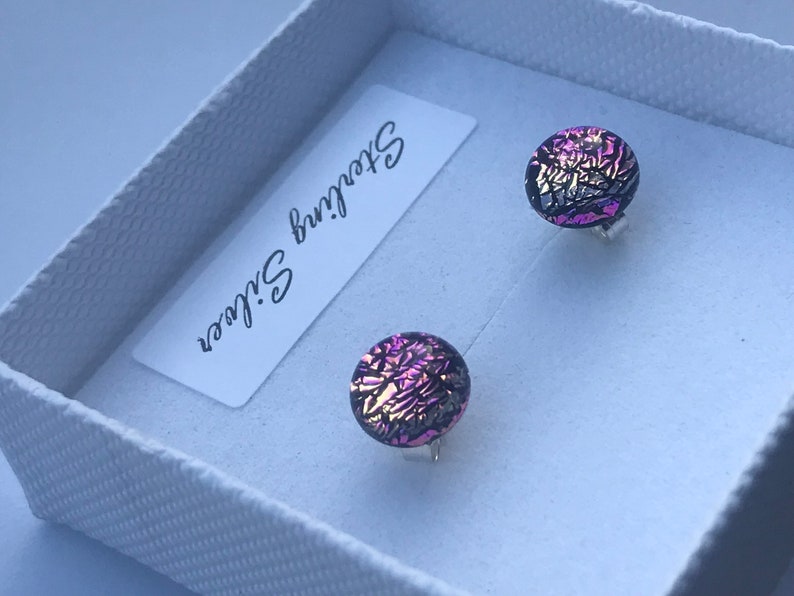 Little Orchid Pink Purple Round Dichroic Glass Stud Earrings with Sterling Silver 925 or Hypoallergenic Surgical Steel Ear Fittings and Box image 5