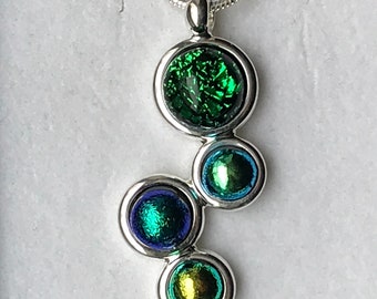 Emerald, Lime and Chartreuse Green Multi Stone Dichroic Glass Pendant with Chain
