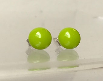 Little Bright Lime/spring Green Fused Glass Round Stud Earrings with Sterling Silver 925 or Surgical Steel Ear Fittings and Box