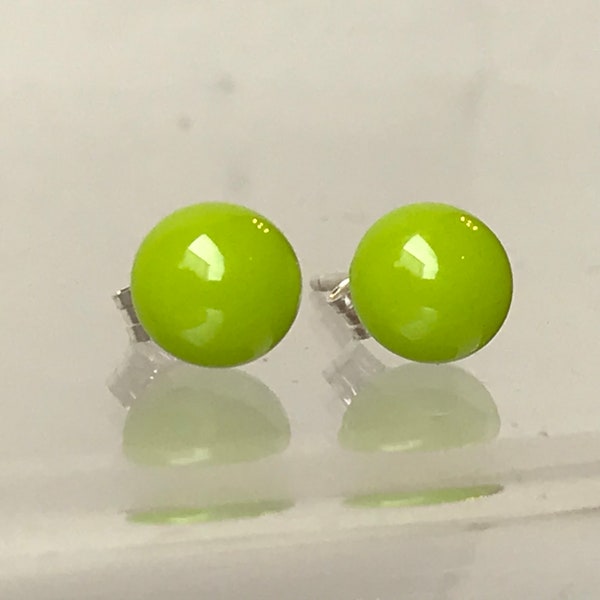 Little Bright Lime/spring Green Fused Glass Round Stud Earrings with Sterling Silver 925 or Surgical Steel Ear Fittings and Box