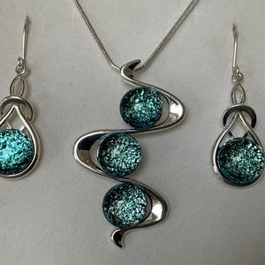 Frosty Blue Dichroic Glass Pendant & Drop Earring Jewellery Set and Box
