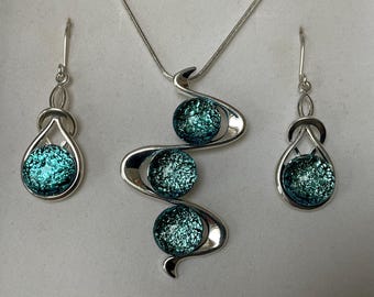 Frosty Blue Dichroic Glass Pendant & Drop Earring Jewellery Set and Box