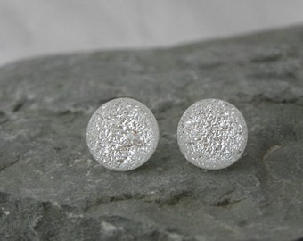 Shimmering White Round Dichroic Fused Glass Stud Earrings with Sterling Silver 925 or Surgical Steel Fittings