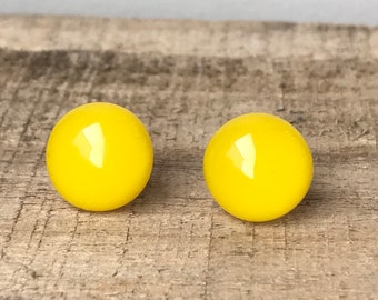 Sunshine Yellow Fused Glass Round Stud Earrings with Sterling Silver or Surgical Steel Ear Fittings