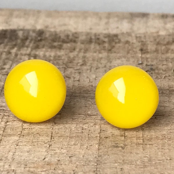 Sunshine Yellow Fused Glass Round Stud Earrings with Sterling Silver or Surgical Steel Ear Fittings