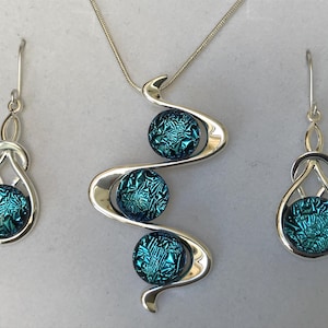 Frosty Blue Dichroic Glass Pendant & Drop Earring Jewellery Set and Box