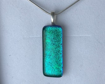 Deep Emerald Green Blue Dichroic Glass Rectangle Pendant with Chain and Box