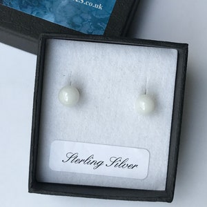 Little Bright Clean White Fused Glass Round Stud Earrings with Sterling Silver 925 or Hypoallergenic Surgical Steel Ear Fittings with Box