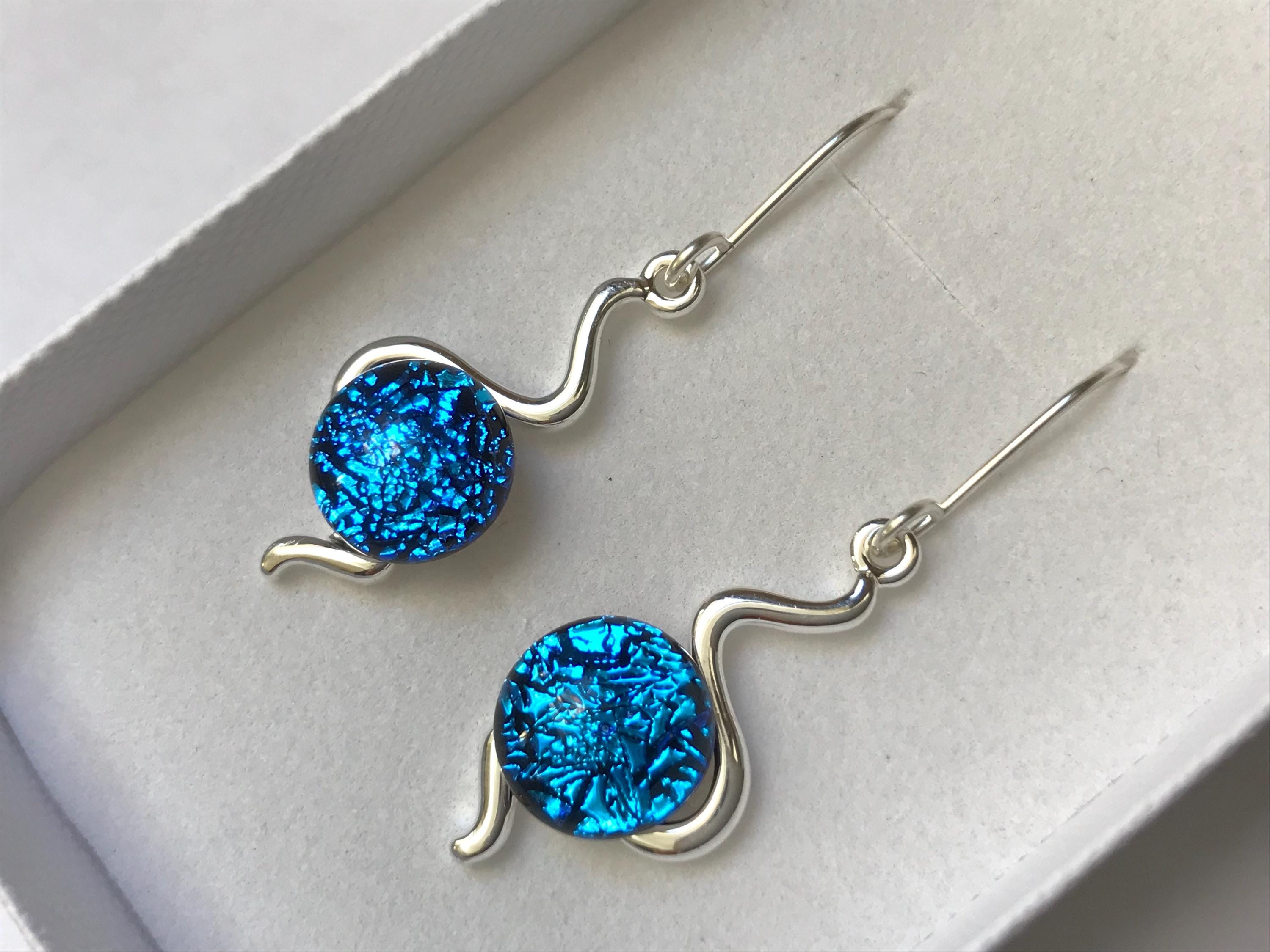 Cornflower Blue Dichroic Glass S Shaped Drop Dangle Earrings With