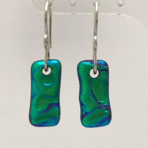 Emerald Green Ripple Textured Rectangle Dichroic Glass Drop Earrings with Sterling Silver or Hypoallergenic Surgical Steel Ear Wires