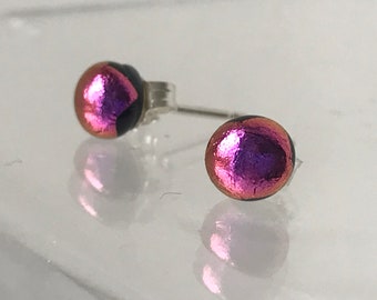 Little Hot Pink Purple Dichroic Glass Round Stud Earrings with Sterling Silver 925 or Hypoallergenic Surgical Steel Ear Fittings