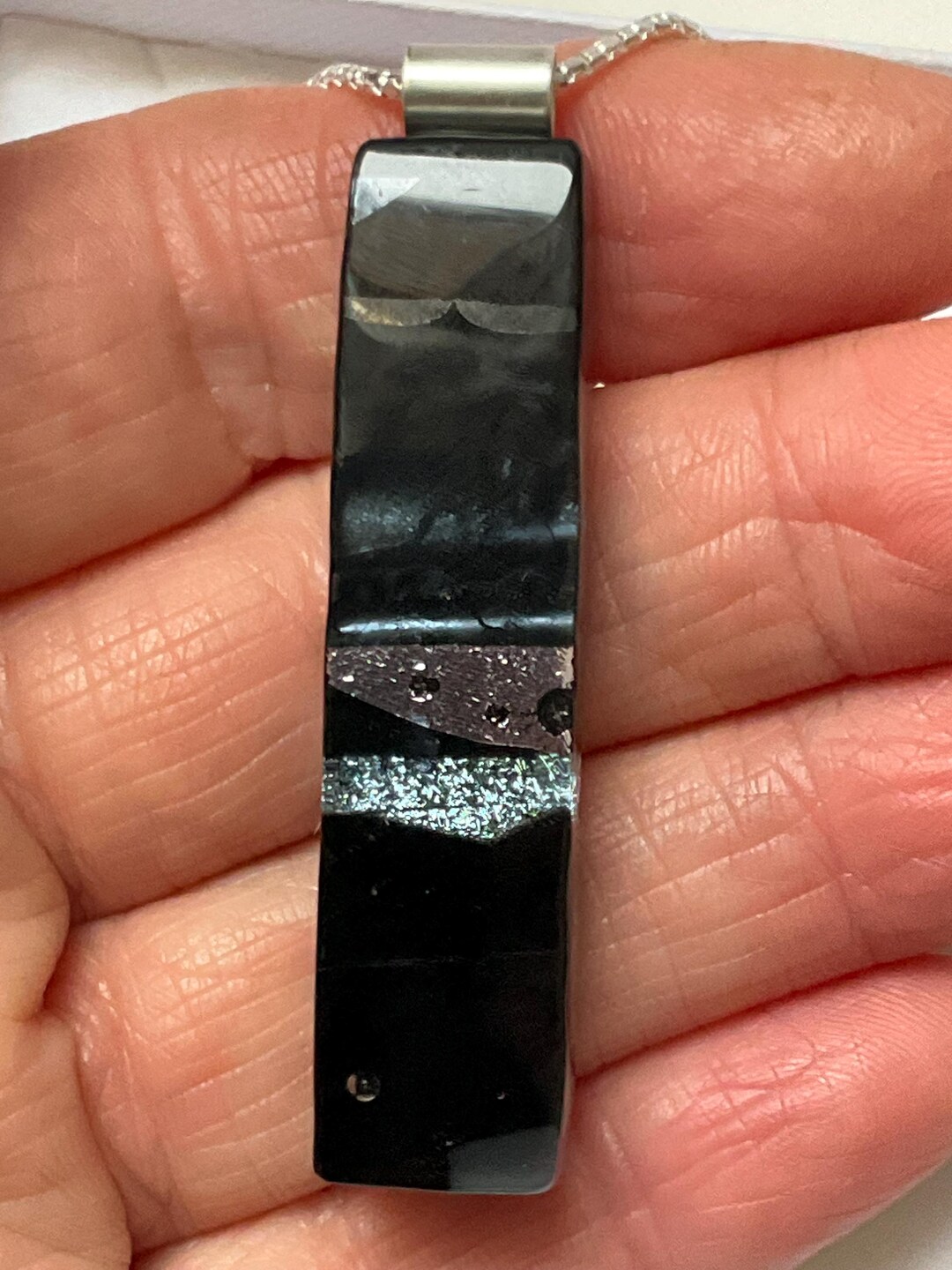 Crystal Rock Inspired Dichroic Art Glass Pendant: Grey, Silver, Black ...