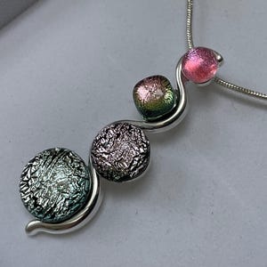Light Pink and  Silver  Mix Multicoloured  S Shaped Dichroic Fused Glass Pendant with choice of chain lengths & box
