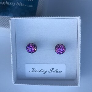 Little Orchid Pink Purple Round Dichroic Glass Stud Earrings with Sterling Silver 925 or Hypoallergenic Surgical Steel Ear Fittings and Box image 2