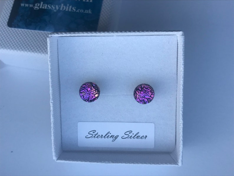Little Orchid Pink Purple Round Dichroic Glass Stud Earrings with Sterling Silver 925 or Hypoallergenic Surgical Steel Ear Fittings and Box image 2