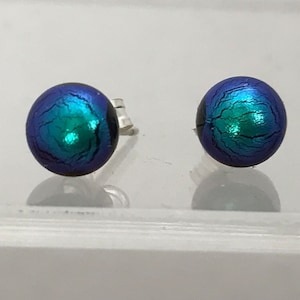 Little Dark Emerald/Peacock Green Dichroic Fused Glass Stud Earrings with Sterling Silver 925 or Hypoallergenic Surgical Steel Ear Fittings