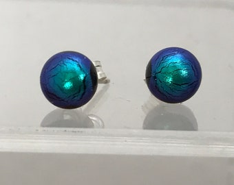 Little Dark Emerald/Peacock Green Dichroic Fused Glass Stud Earrings with Sterling Silver 925 or Hypoallergenic Surgical Steel Ear Fittings