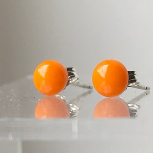 Little Tangerine Orange Fused Glass Round Stud Earrings with Sterling Silver 925 or Hypoallergenic Surgical Steel Ear Fittings with Box