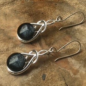 Black Silver Shimmer Fused Glass Stone in a Teardrop Silver Plated Setting with Sterling Silver 925 Ear Wires