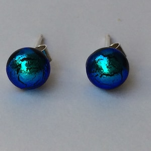 LittleLight Blue/Turquoise Dichroic Glass Round Stud Earrings with Sterling Silver 925 or Hypoallergenic Surgical Steel Ear Fittings