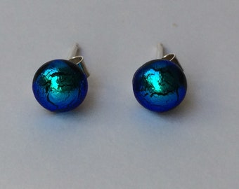 LittleLight Blue/Turquoise Dichroic Glass Round Stud Earrings with Sterling Silver 925 or Hypoallergenic Surgical Steel Ear Fittings