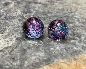 Little Blue Pink Dichroic Glass Stud Earrings: Sterling Silver or Surgical Steel Fittings
