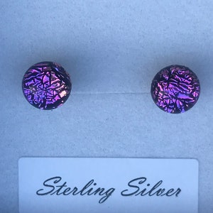 Little Orchid Pink Purple Round Dichroic Glass Stud Earrings with Sterling Silver 925 or Hypoallergenic Surgical Steel Ear Fittings and Box image 3