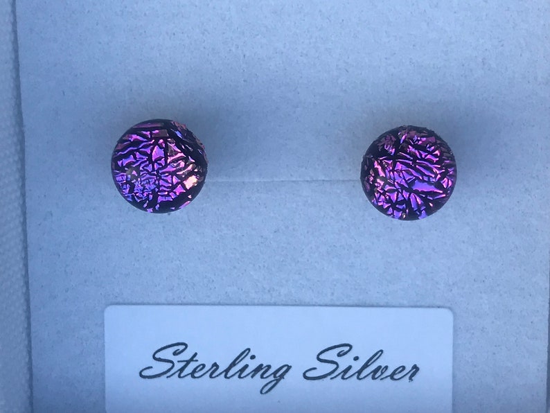 Little Orchid Pink Purple Round Dichroic Glass Stud Earrings with Sterling Silver 925 or Hypoallergenic Surgical Steel Ear Fittings and Box image 3