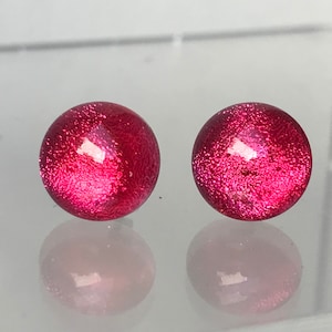 Cerise Berry Pink Dichroic Glass Round Stud Earrings with Sterling Silver 925 or Hypoallergenic Surgical Steel  Ear Fittings & Box