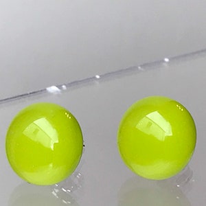 Bright Lime Green Fused Glass Round Stud Earrings with Sterling Silver or Hypoallergenic Surgical Steel Ear Fittings