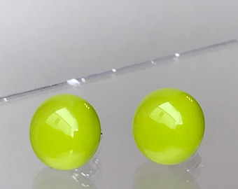 Bright Lime Green Fused Glass Round Stud Earrings with Sterling Silver or Hypoallergenic Surgical Steel Ear Fittings