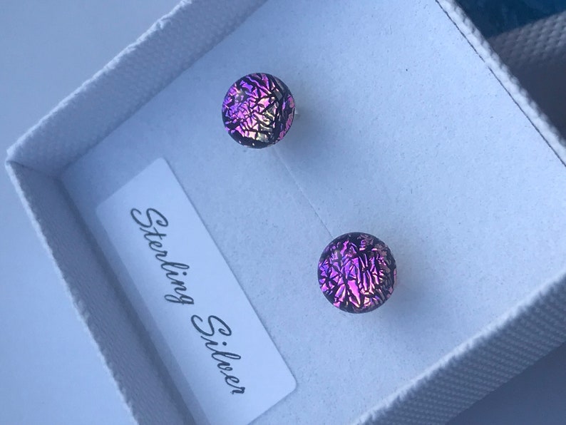 Little Orchid Pink Purple Round Dichroic Glass Stud Earrings with Sterling Silver 925 or Hypoallergenic Surgical Steel Ear Fittings and Box image 1