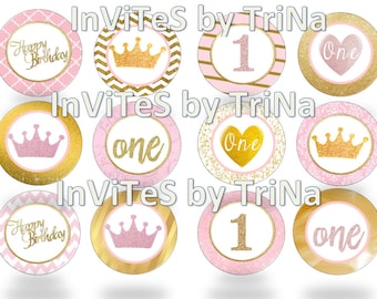 Pink and Gold First Birthday Princess Cupcake Toppers