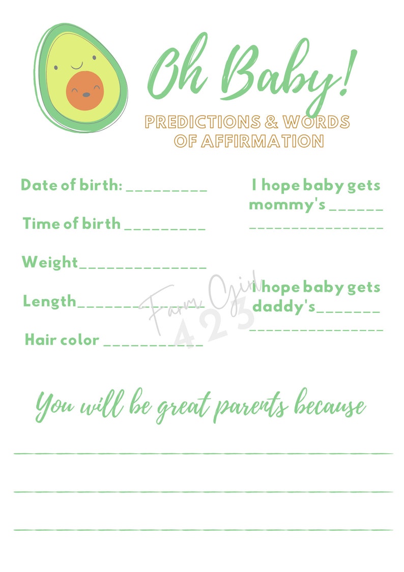 Avocado Baby Shower Printables Etsy