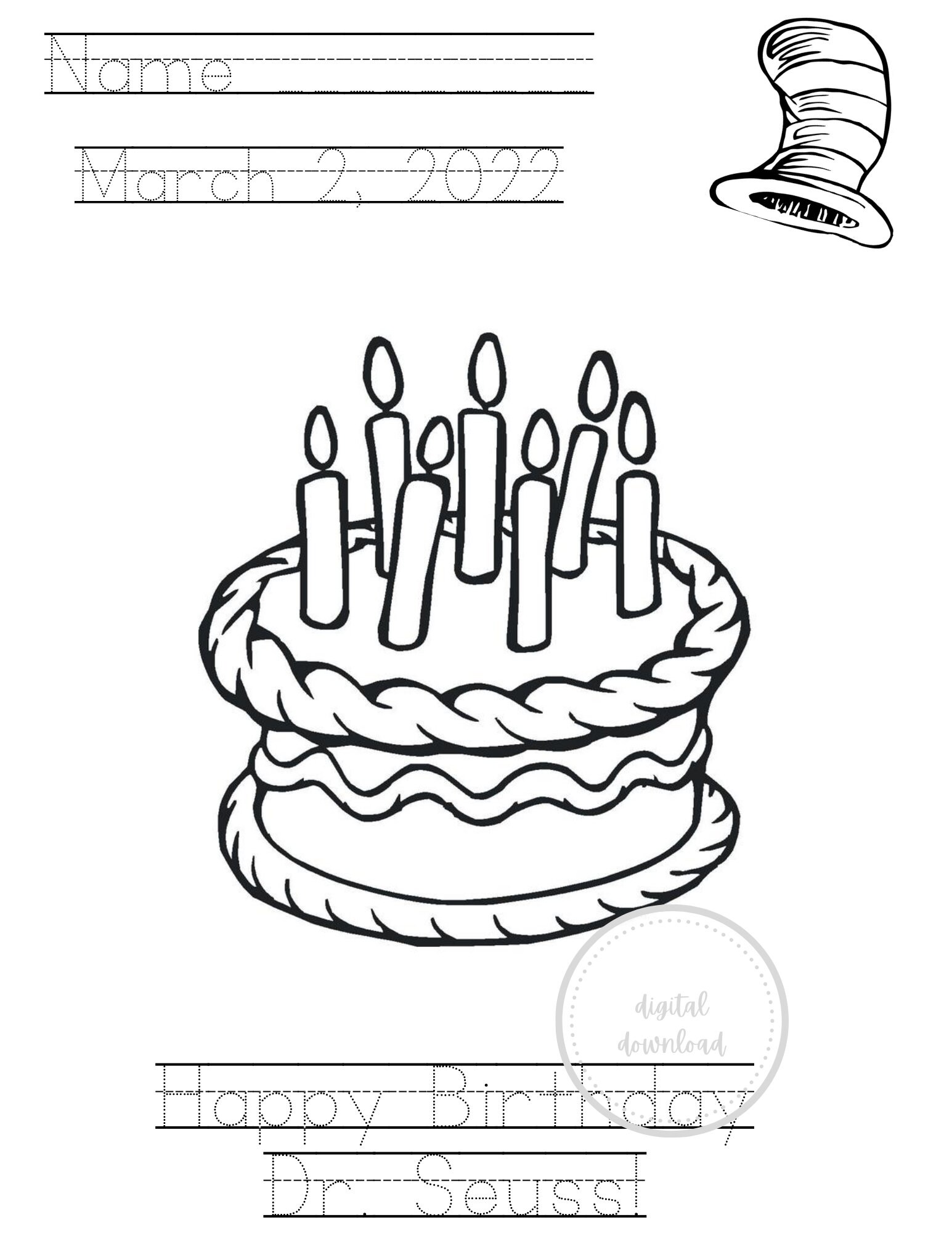 Dr. Seuss Day Tracing and Coloring Printable - Etsy