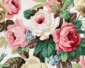 Tissu d'intérieur en coton floral « Chelsea » Sanderson des années 1950. Roses chou, coussins, rideaux, tissu d'ameublement.