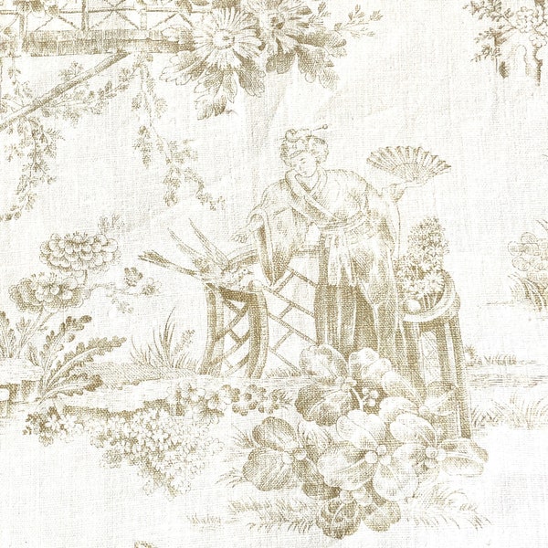 Chivasso Whispers Garden Linen Fabric. Oriental Toile de Jouy Design. Interiors, Cushions, Curtains, Upholstery.