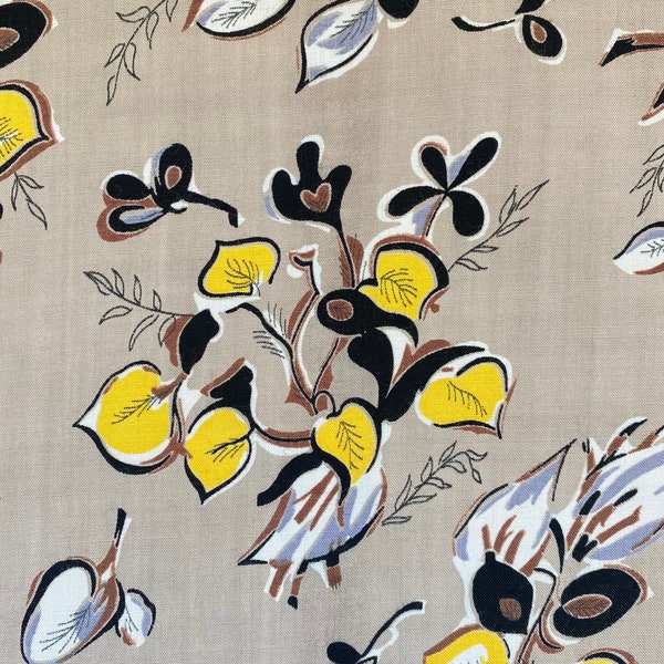 1940’s Botanical Black and Yellow Floral Dressmaking Calpreta Cotton Fabric Yardage