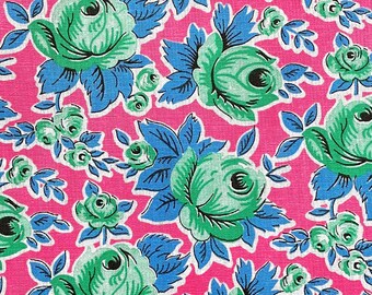 1950’s Cotton Dressmaking Fabric. Roses on Pink Background. Yardage.