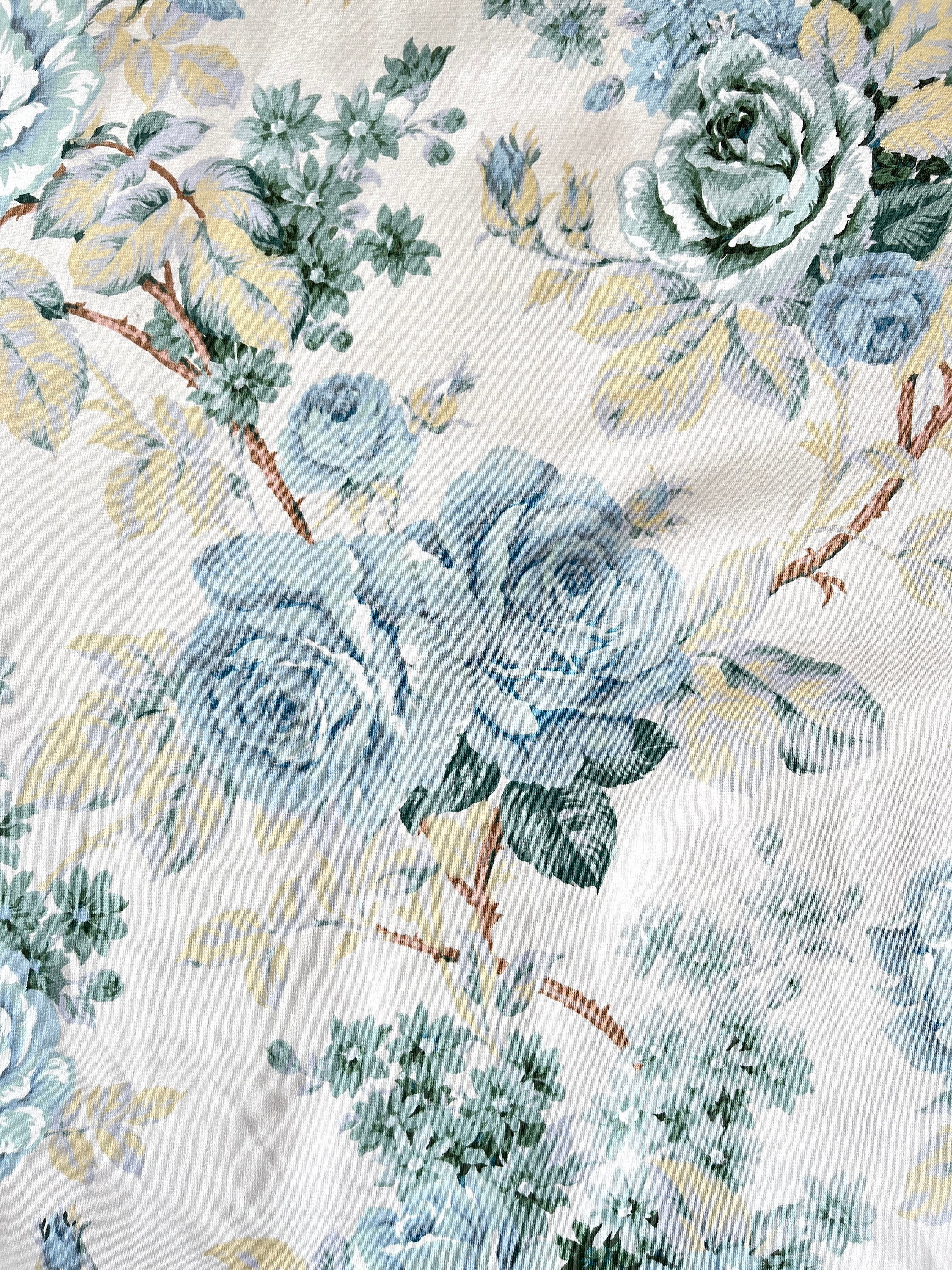 1970’s Sanderson Style Floral Cotton Fabric ‘Castle Howard’. Blue Grey Roses. Curtains, Cushions, Lampshades, Interiors. Yardage