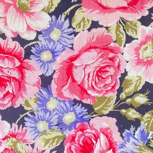 1980’s Pink Roses on Black Cotton Fabric Panels. 122cm long. Dressmaking, Sewing Projects.