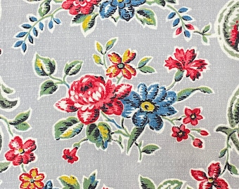 1950’s Floral Barkcloth Cotton Fabric. Cushion, Curtain, Upholstery Fabric Yardage