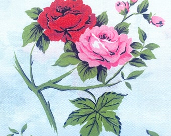 1950’s Pink and Red Roses Barkcloth Cotton Fabric Yardage. Interiors. Cushions, Curtains, Upholstery